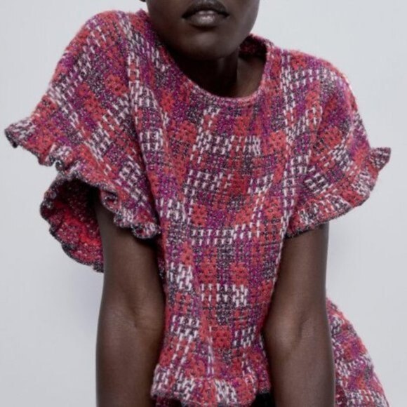 Zara Short Sleeve Metallic Knit Ruffled Sweater Top (NWT) - Picture 1 of 7